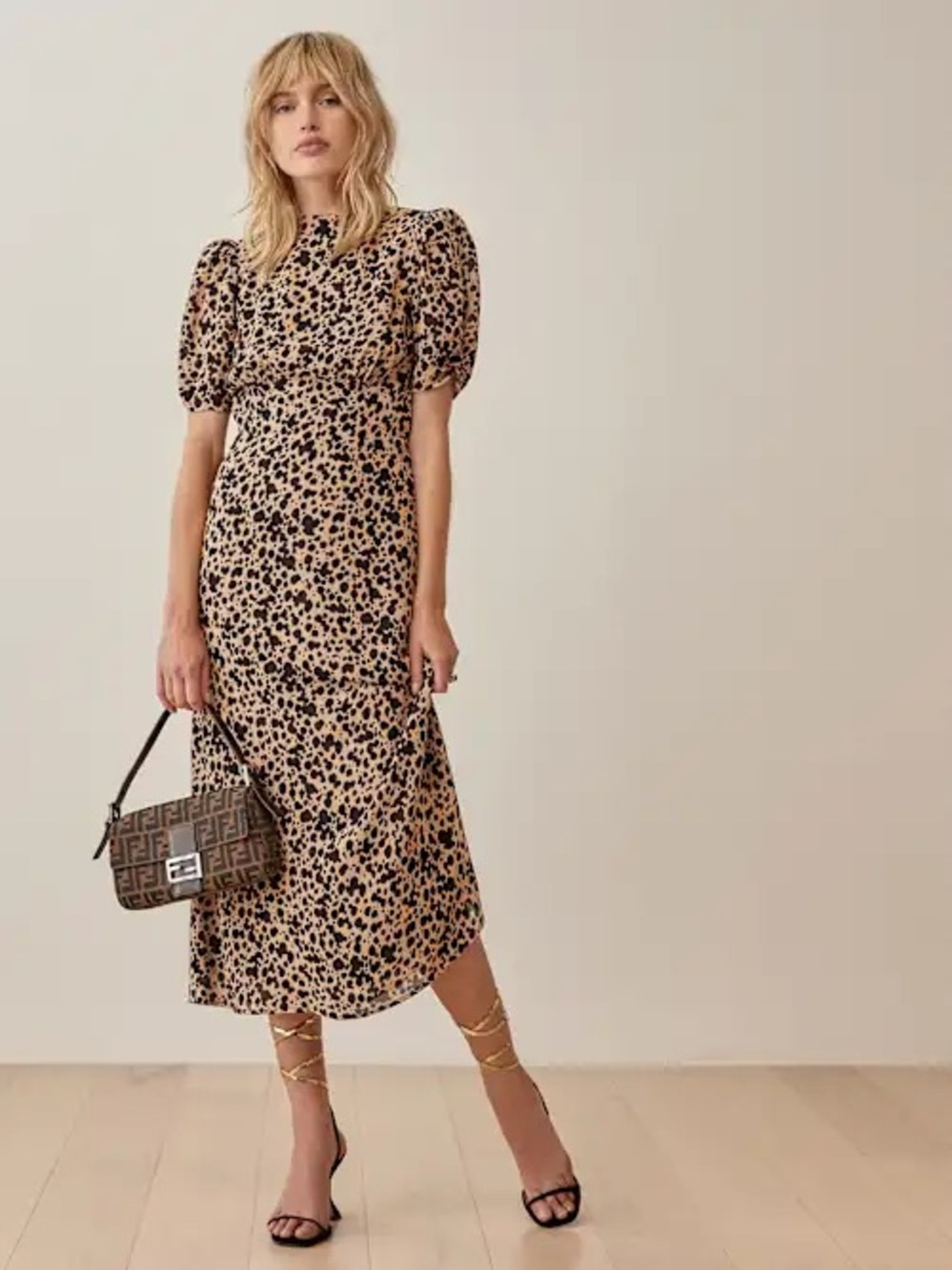 Reformation Beige and Black Leopard Midi Dress with Puff Sleeves